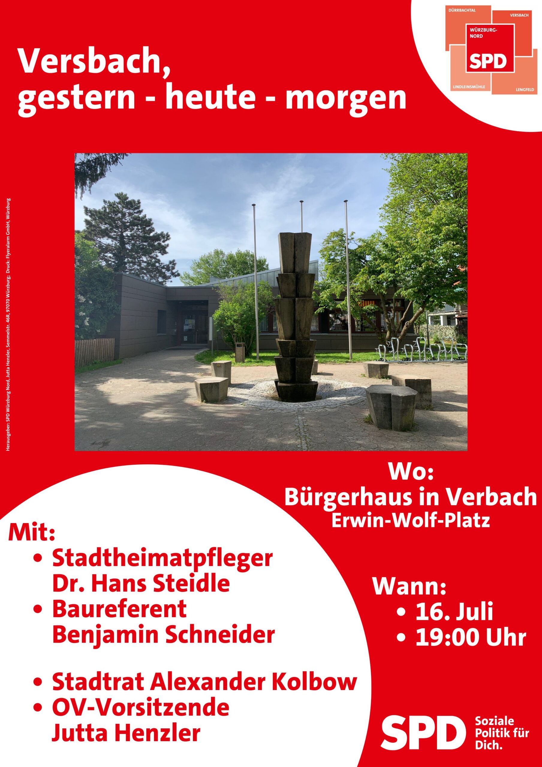 Plakat für Vortrag der SPD zum Themea Versbach, gestern - heute - morgen